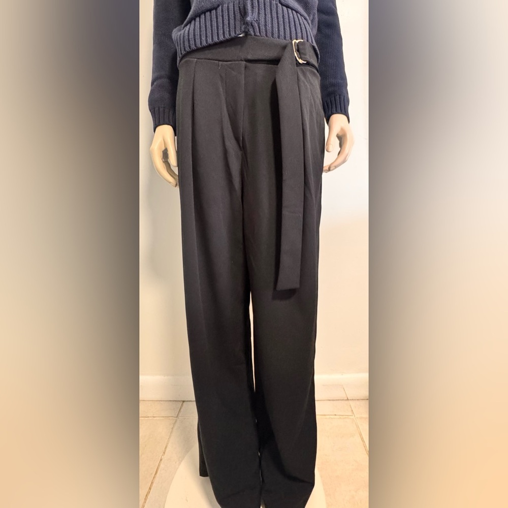 Black Wide Leg Pants Womens High Waisted Belted Trousers Gold Buckle Workwear - Picture 8 of 10